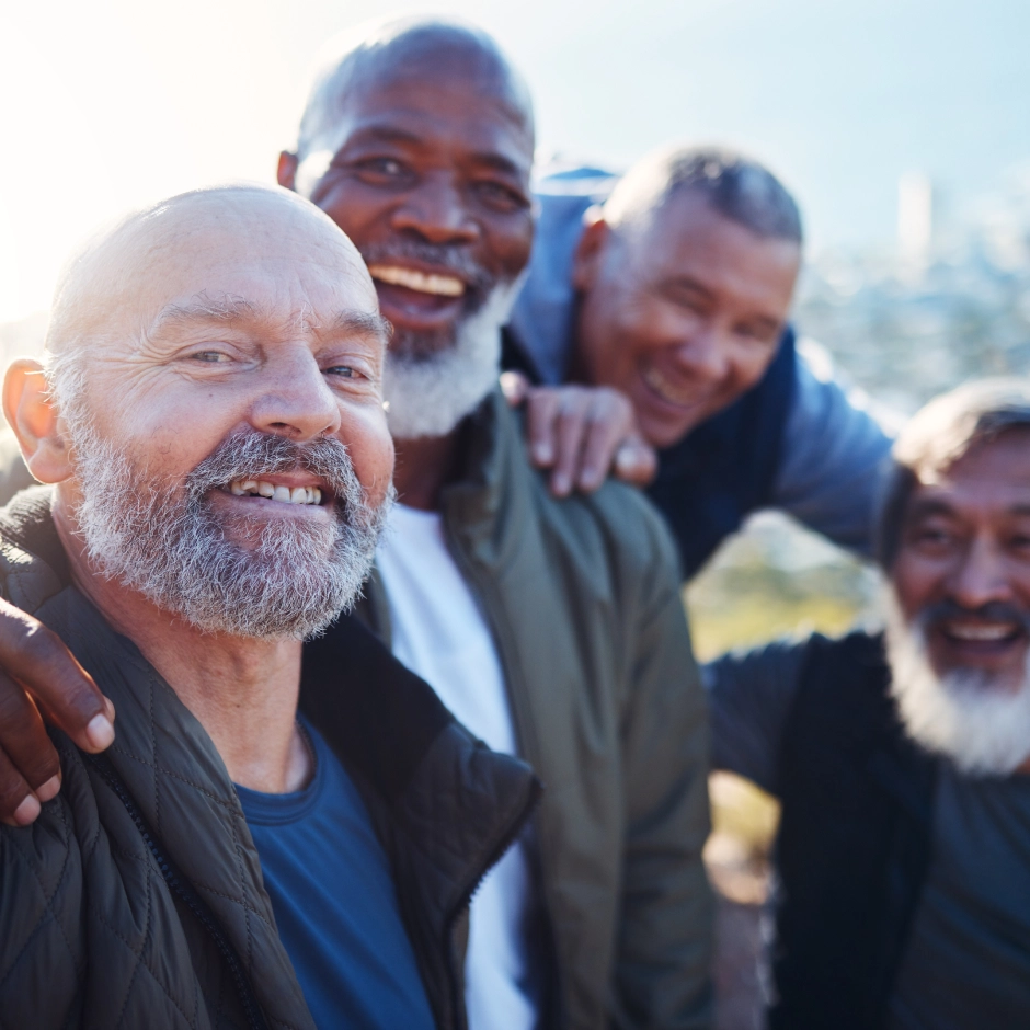 middle age men laughing together, taking selfie